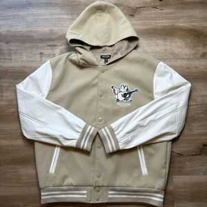 True Religion Jacket Varsity Budda Men's Large Tan‎ White Hood Fwux Leather New